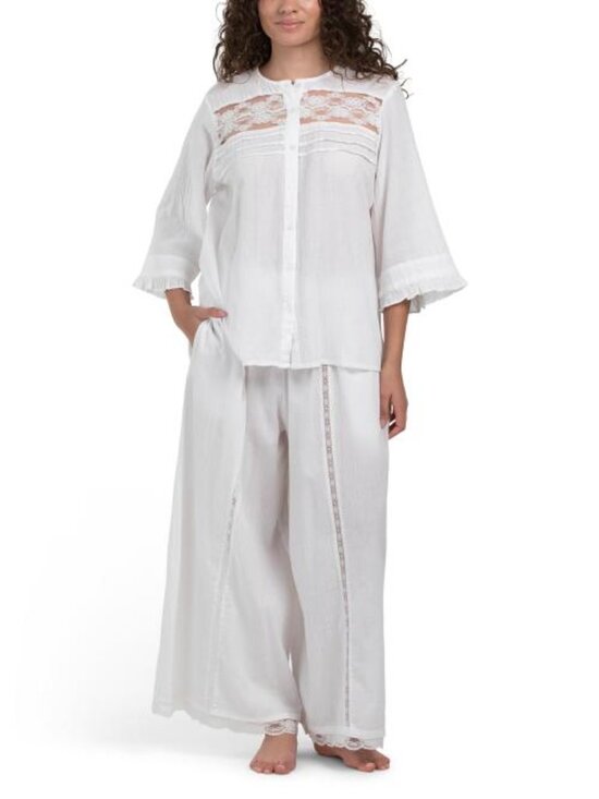SAATVIK Other - SAATVIK 2pc Cotton Gauze Boho Wide Leg Lounge Set With Lace Details